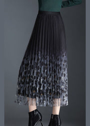Beautiful Black Tulle Print Pleated Fall Skirt