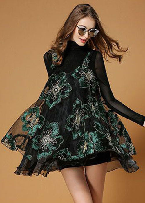 Beautiful Black Turtle Neck Embroidered Organza Two-Piece Set Spring