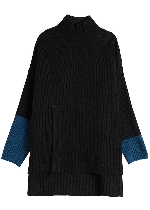 Beautiful Black Turtle Neck Patchwork Knit Sweaters Spring