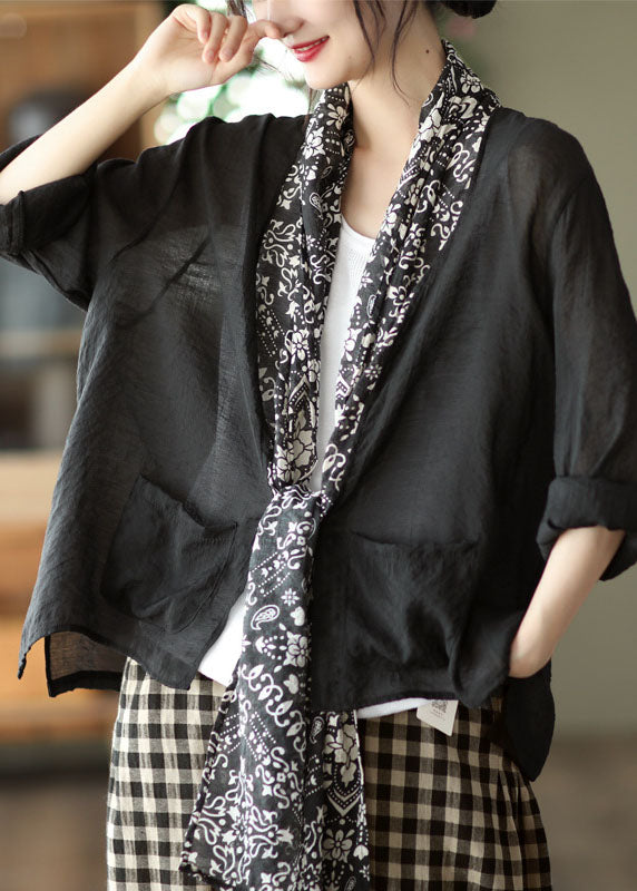 Beautiful Black Turtle Neck Patchwork Linen UPF 50+ Coat Long Sleeve