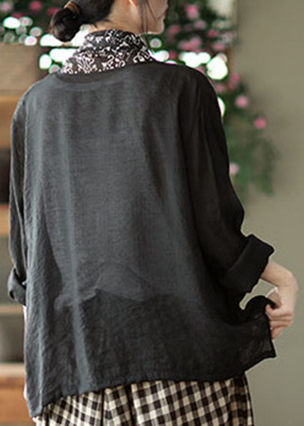 Beautiful Black Turtle Neck Patchwork Linen UPF 50+ Coat Long Sleeve