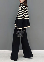 Beautiful Black Turtle Neck Striped Knit Two Piece Suit Set Spring