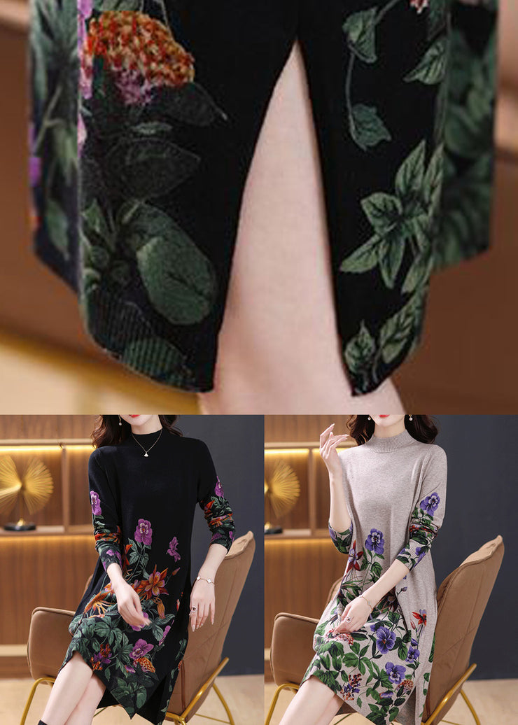 Beautiful Black Turtleneck Print Wool Knit Dress Long Sleeve