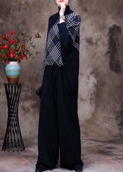 Beautiful Black Turtleneck Striped Plaid Patchwork Knit Sweaters And Wide Leg Pants Two Piece Set Fall