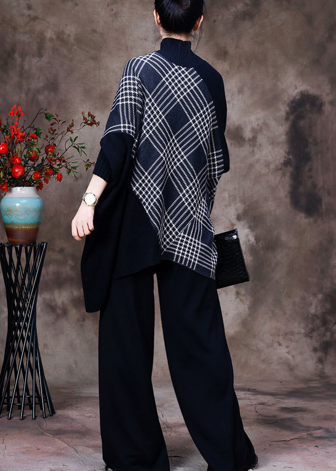 Beautiful Black Turtleneck Striped Plaid Patchwork Knit Sweaters And Wide Leg Pants Two Piece Set Fall