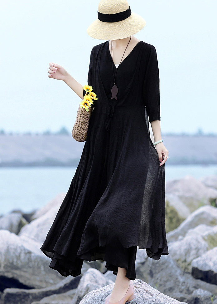 Beautiful Black V Neck Asymmetrical Design Maxi Dresses Summer