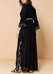 Beautiful Black V Neck Embroider Tie Waist Side Open Holiday Long Smock Long Sleeve