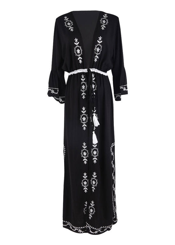Beautiful Black V Neck Embroider Tie Waist Side Open Holiday Long Smock Long Sleeve