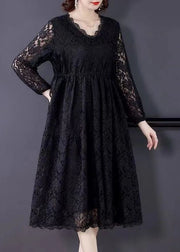 Beautiful Black V Neck Hollow Out Exra Large Hem Lace Maxi Dresses Spring