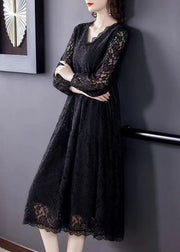 Beautiful Black V Neck Hollow Out Exra Large Hem Lace Maxi Dresses Spring