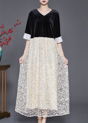 Beautiful Black V Neck Patchwork Lace Silk Velvet Long Dresses Half Sleeve