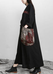Beautiful Black V Neck Patchwork Print Pockets Dress Fall - SooLinen