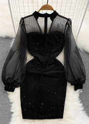 Beautiful Black V Neck Sequins Patchwork Tulle Tunic Mid Dress Lantern Sleeve