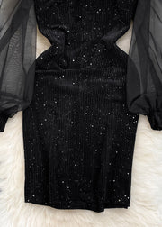 Beautiful Black V Neck Sequins Patchwork Tulle Tunic Mid Dress Lantern Sleeve