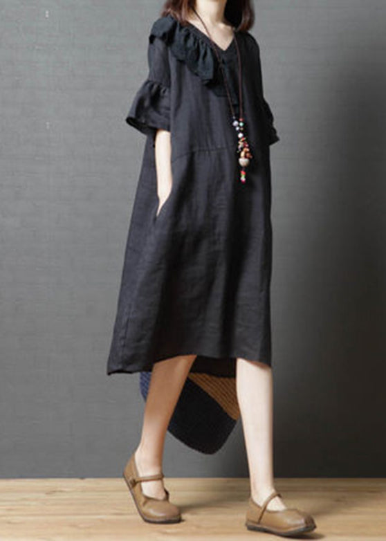 Beautiful Black V Neck asymmetrical design Dress Flare Sleeve