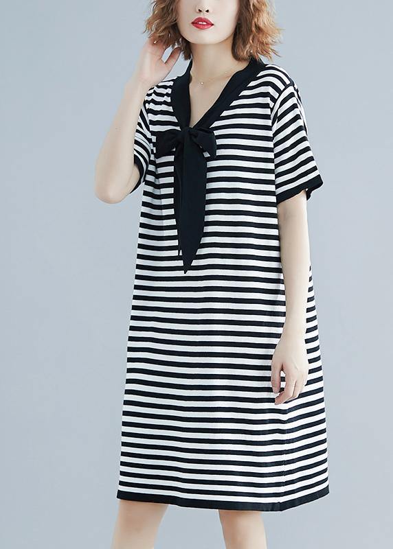 Beautiful Black White Narrow Striped Short Sleeve Summer Cotton Dress - SooLinen