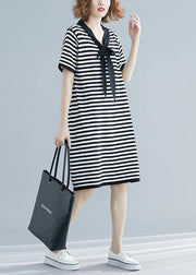 Beautiful Black White Narrow Striped Short Sleeve Summer Cotton Dress - SooLinen