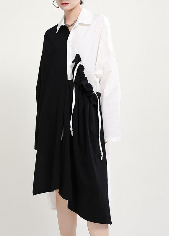 Schönes schwarz-weißes Patchwork asymmetrisches Design Herbstkleid mit langen Ärmeln