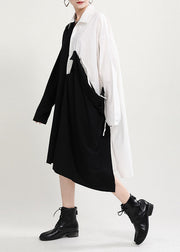 Schönes schwarz-weißes Patchwork asymmetrisches Design Herbstkleid mit langen Ärmeln
