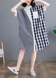 Beautiful Black White Plaid Peter Pan Collar Asymmetrical Design Patchwork Cotton Shirt Dress Short Sleeve
