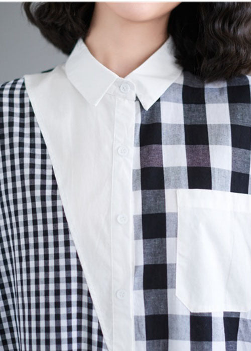 Schönes schwarz-weiß kariertes Bubikragen asymmetrisches Design Patchwork-Hemdkleid aus Baumwolle mit kurzen Ärmeln