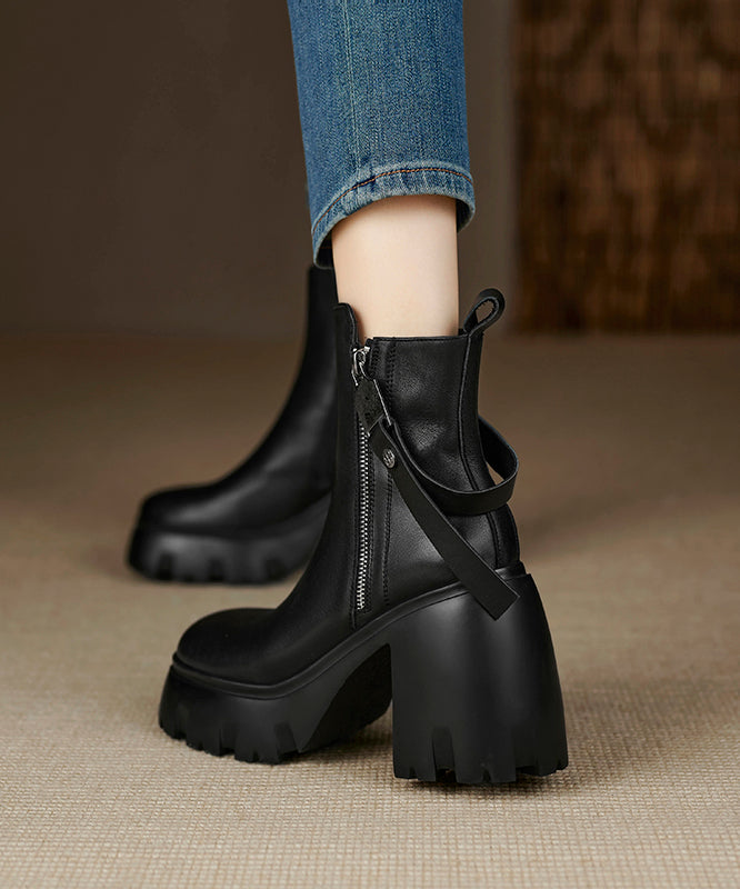 Beautiful Black Zippered Splicing Cowhide Leather Chunky Heel Boots