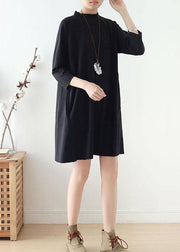 Beautiful Black zippered Cotton Long sleeve Pockets Fall Dress - SooLinen