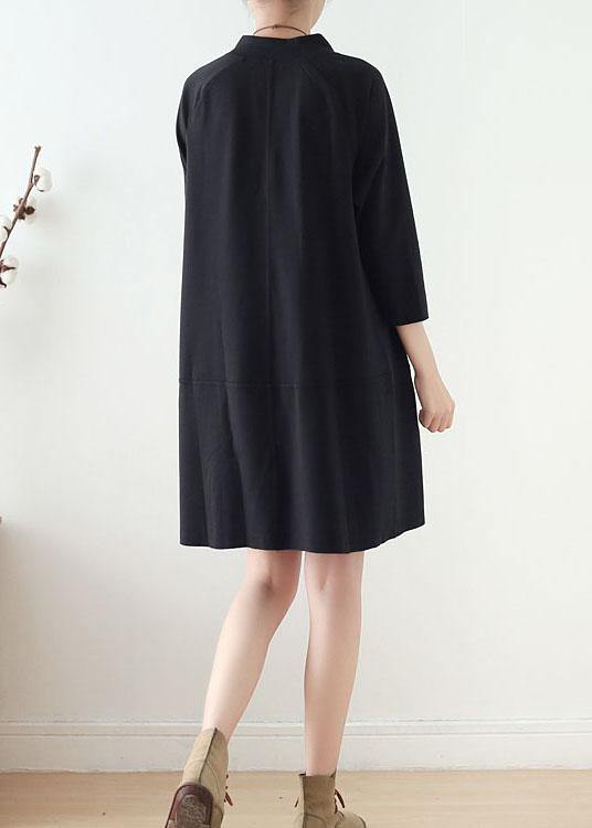 Beautiful Black zippered Cotton Long sleeve Pockets Fall Dress - SooLinen