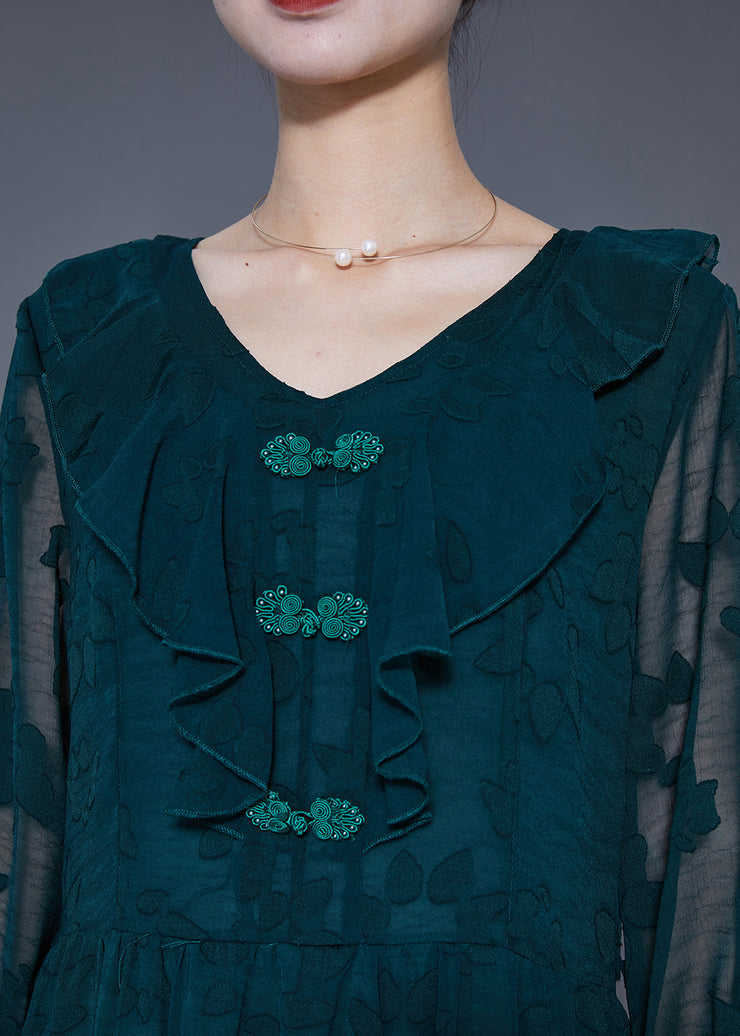 Beautiful Blackish Green Ruffled Patchwork Silk Maxi Dress Summer