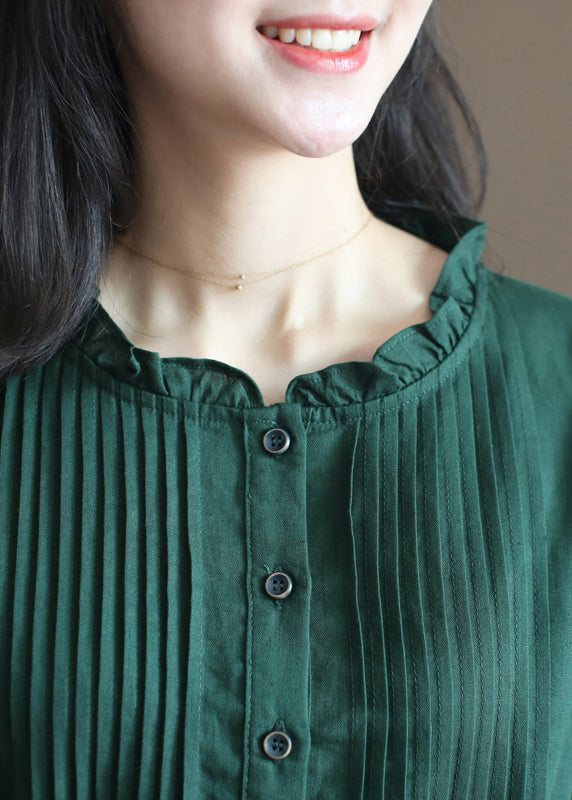 Beautiful Blackish Green Ruffled Wrinkled Drawstring Cotton Dress Short Sleeve