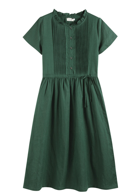 Beautiful Blackish Green Ruffled Wrinkled Drawstring Cotton Dress Short Sleeve