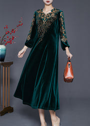 Beautiful Blackish Green V Neck Zircon Silk Velour Maxi Dresses Fall