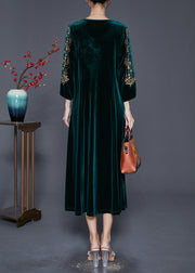 Beautiful Blackish Green V Neck Zircon Silk Velour Maxi Dresses Fall