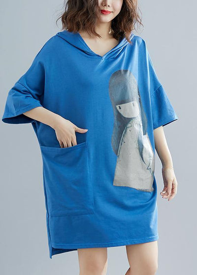 Beautiful Blue Appliques Cotton hooded Summer Party Dress - SooLinen