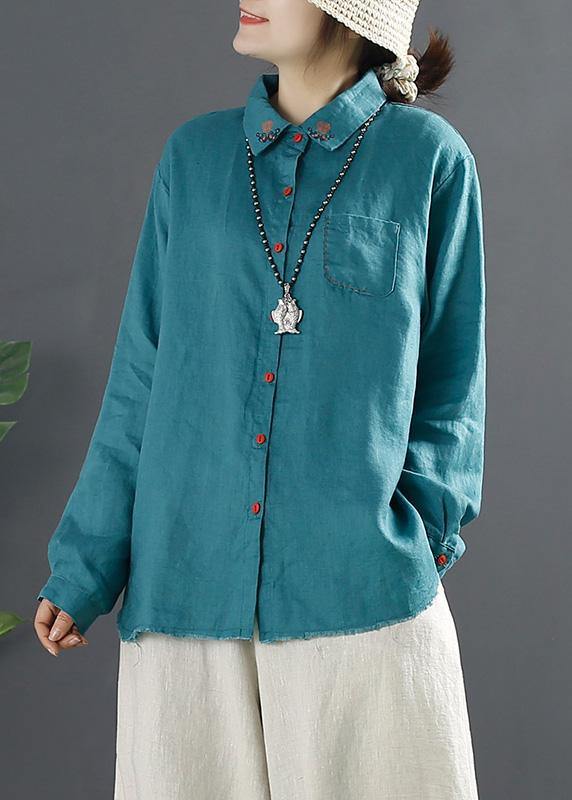 Beautiful Blue Blouses For Women Lapel Embroidery Baggy Blouse - SooLinen
