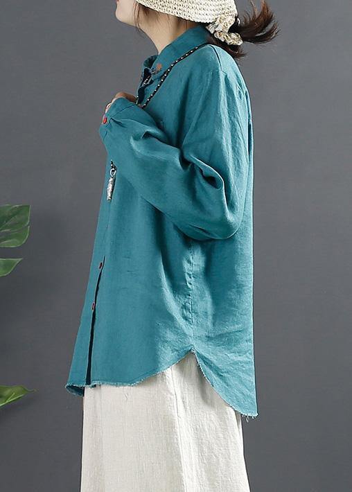 Beautiful Blue Blouses For Women Lapel Embroidery Baggy Blouse - SooLinen