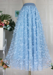 Beautiful Blue Butterfly Embroidered High Waist Tulle Pleated Skirts Spring