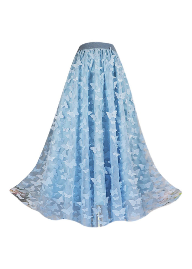 Beautiful Blue Butterfly Embroidered High Waist Tulle Pleated Skirts Spring