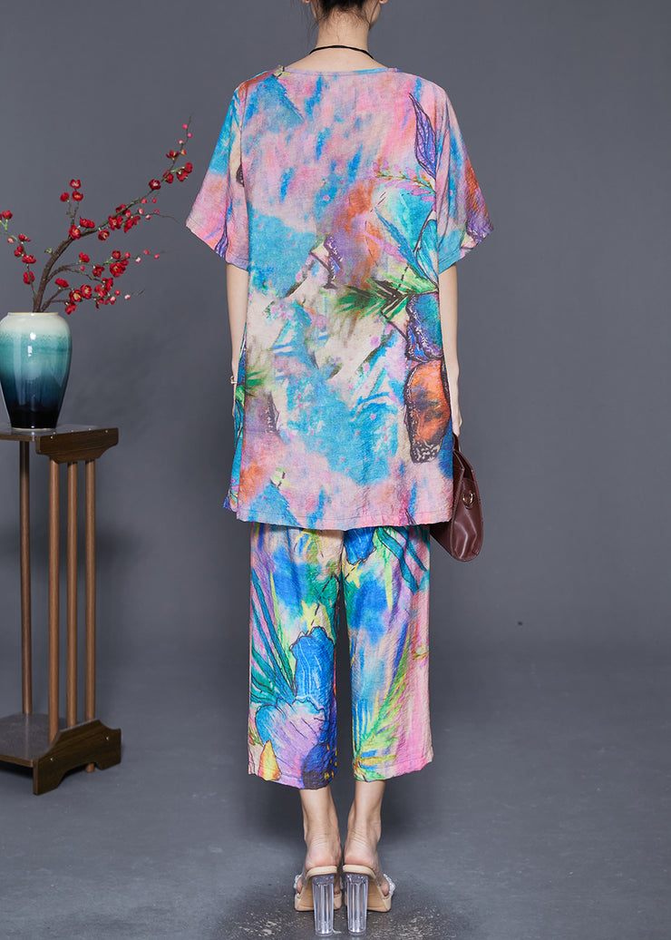 Beautiful Blue Butterfly Tie Dye Linen Silk Two Piece Set Outfits Summer