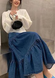 Beautiful Blue Elastic Waist Patchwork Wrinkled Exra Large Hem Cotton A Line Skirt Summer