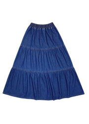 Schöne blaue elastische Taille Patchwork faltig Extra großer Saum Baumwolle A-Linie Rock Sommer