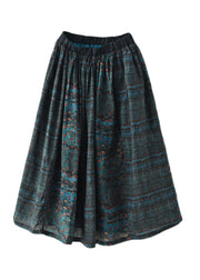 Beautiful Blue Elastic Waist Print Patchwork Linen Skirts Summer