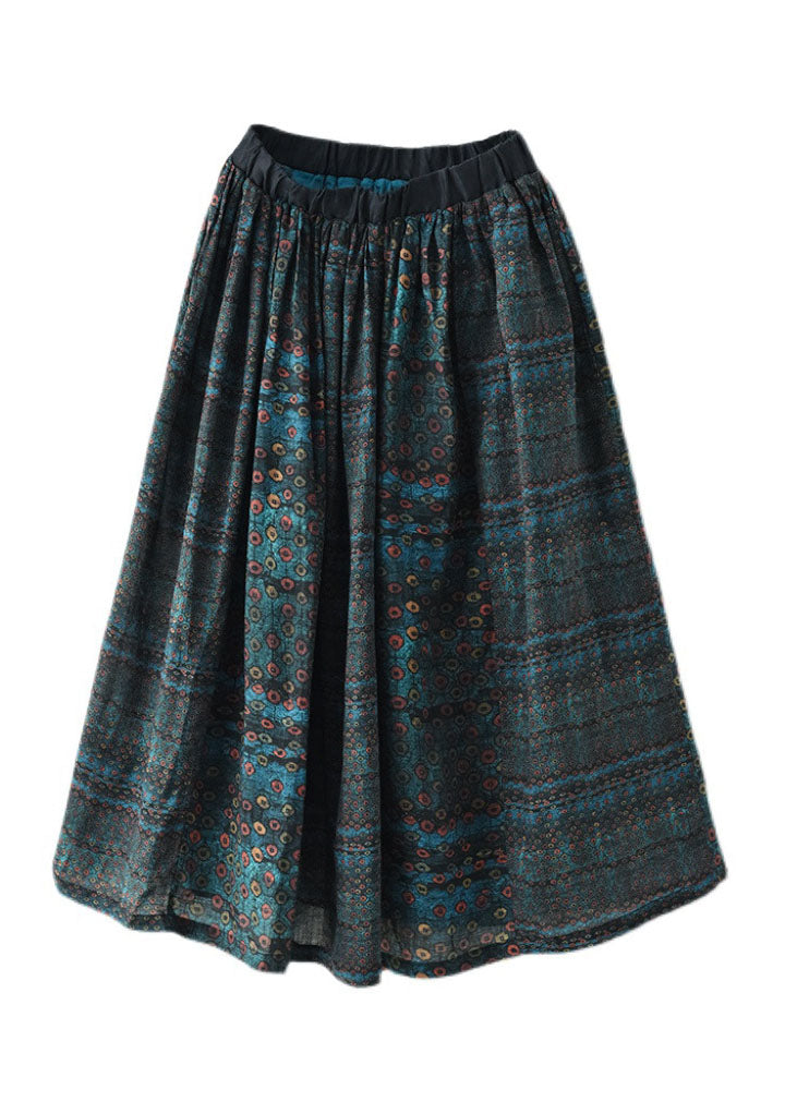 Beautiful Blue Elastic Waist Print Patchwork Linen Skirts Summer