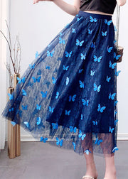 Wunderschöner blauer elastischer Taillen-Tüll-Jacquard-Herbstrock
