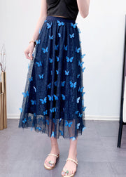 Beautiful Blue Elastic Waist Tulle Jacquard Fall Skirt