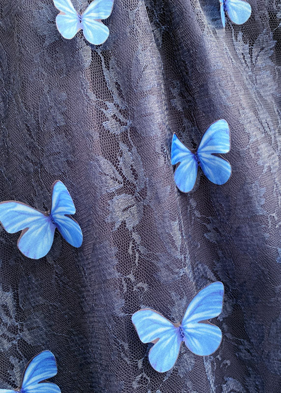 Wunderschöner blauer elastischer Taillen-Tüll-Jacquard-Herbstrock