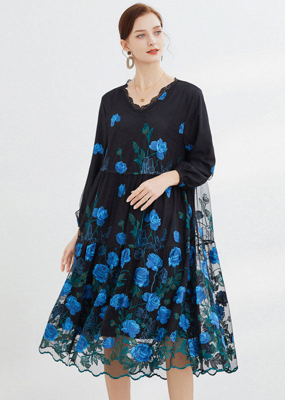 Beautiful Blue Embroidered Floral Tulle Long Dresses Long Sleeve