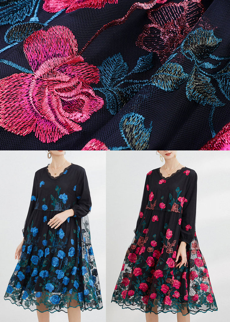 Beautiful Blue Embroidered Floral Tulle Long Dresses Long Sleeve