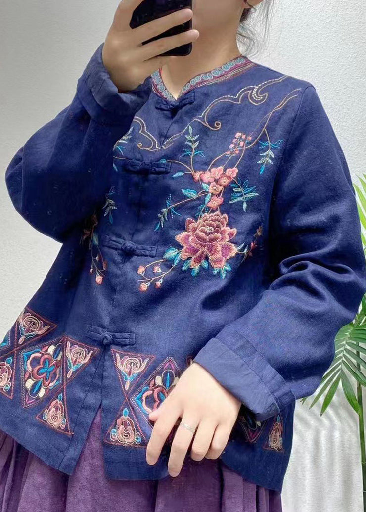 Beautiful Blue Embroidered Oriental Button Linen Chinese Style Coats Spring