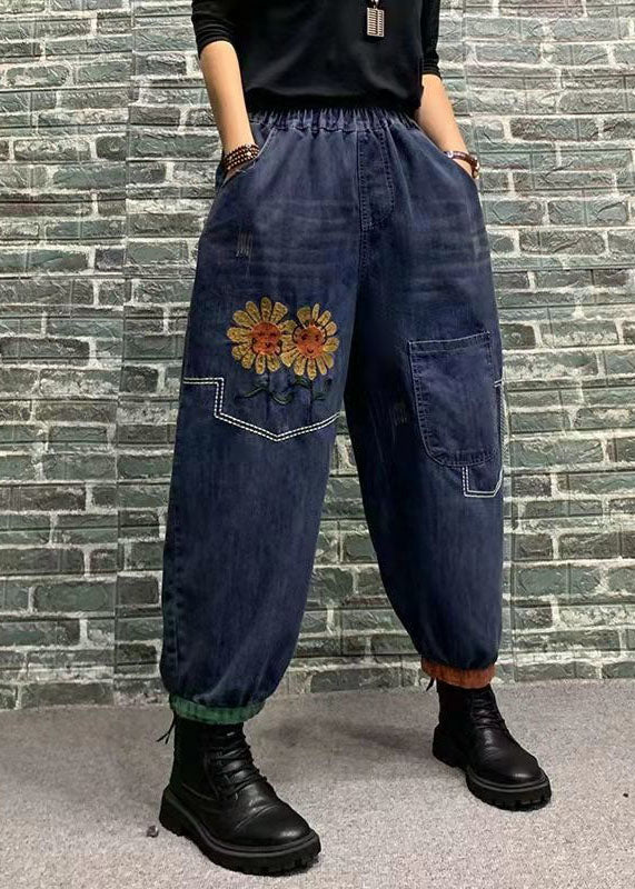 Beautiful Blue Embroidered Patchwork Elastic Waist Denim Crop Pants Spring